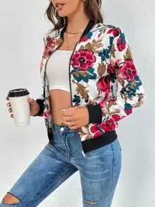 SHEIN Tall Floral Print Zip Up Bomber Jacket - Multicolor - View 5