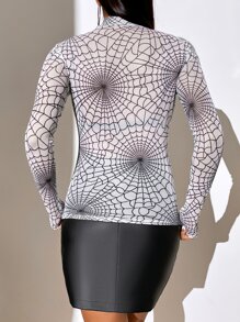 蜘蛛網印花小高領網紗上衣不附胸罩