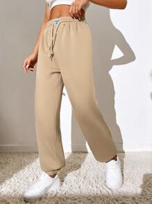 Muchica Letter Patched Drawstring Waist Joggers - Khaki - View 2