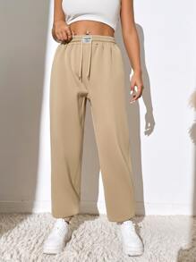 Muchica Letter Patched Drawstring Waist Joggers - Khaki - View 5