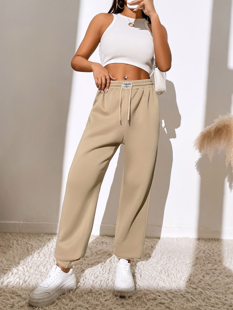 Muchica Letter Patched Drawstring Waist Joggers - Khaki - View 1