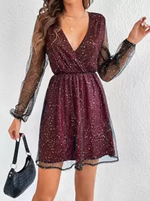 SHEIN Tall Contrast Mesh Overlap Collar Lantern Sleeve Glitter Dress