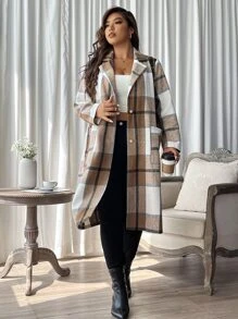 SHEIN LUNE Plus Plaid Dual Pocket Lapel Neck Overcoat - Multicolor - View 4