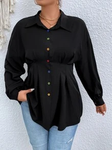 SHEIN LUNE Plus Drop Shoulder Fold Pleated Shirt - Black - View 2