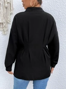 SHEIN LUNE Plus Drop Shoulder Fold Pleated Shirt - Black - View 3