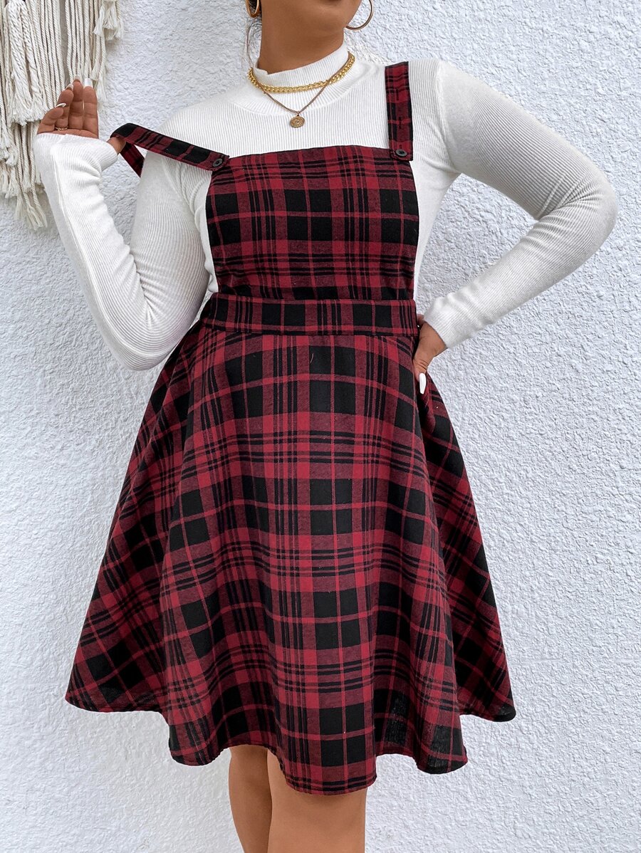 SHEIN Unity Plus Plaid Print Pinafore Dress Without Tee - Multicolor - View 1