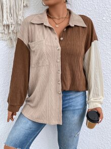 Calvaya 大碼撞色落肩袖口袋貼布襯衫 - 彩色 - 查看 1