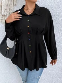SHEIN LUNE Plus Drop Shoulder Fold Pleated Shirt - Black - View 4