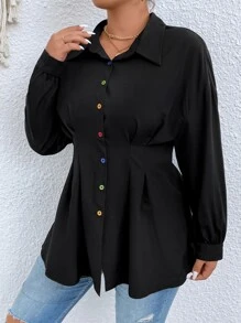 SHEIN LUNE Plus Drop Shoulder Fold Pleated Shirt - Black - View 1