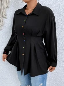 SHEIN LUNE Plus Drop Shoulder Fold Pleated Shirt - Black - View 5