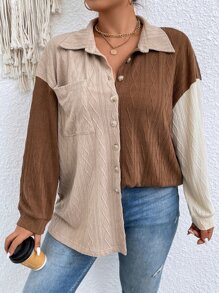 Calvaya 大碼撞色落肩袖口袋貼布襯衫 - 彩色 - 查看 3