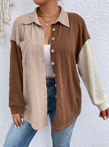 Calvaya 大碼撞色落肩袖口袋貼布襯衫 - 彩色 - 查看 4