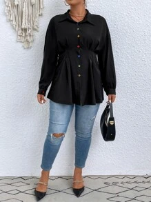 SHEIN LUNE Plus Drop Shoulder Fold Pleated Shirt - Black - View 6