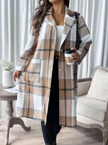 SHEIN LUNE Plus Plaid Dual Pocket Lapel Neck Overcoat - Multicolor - View 8