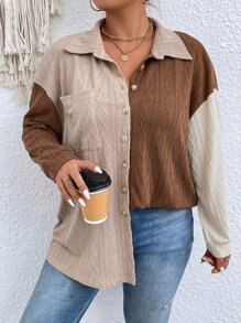 Calvaya 大碼撞色落肩袖口袋貼布襯衫 - 彩色 - 查看 5