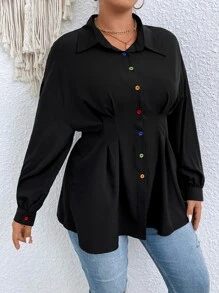 SHEIN LUNE Plus Drop Shoulder Fold Pleated Shirt - Black - View 7