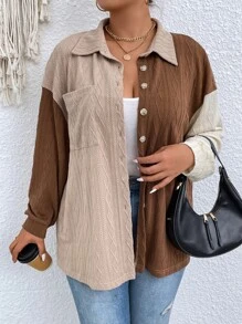 Calvaya 大碼撞色落肩袖口袋貼布襯衫 - 彩色 - 查看 6