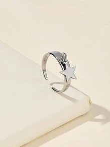 Onelike 1 pieza Anillo de acero inoxidable dorado amarillo con patrón de estrellas y luna ajustable, simple y elegante para damas, apto para decoración diaria - Plateado - Ver 1