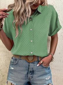 SHEIN LUNE Camisa casual de mujer con botones y manga corta con estampado de puntos - Verde - Ver 1
