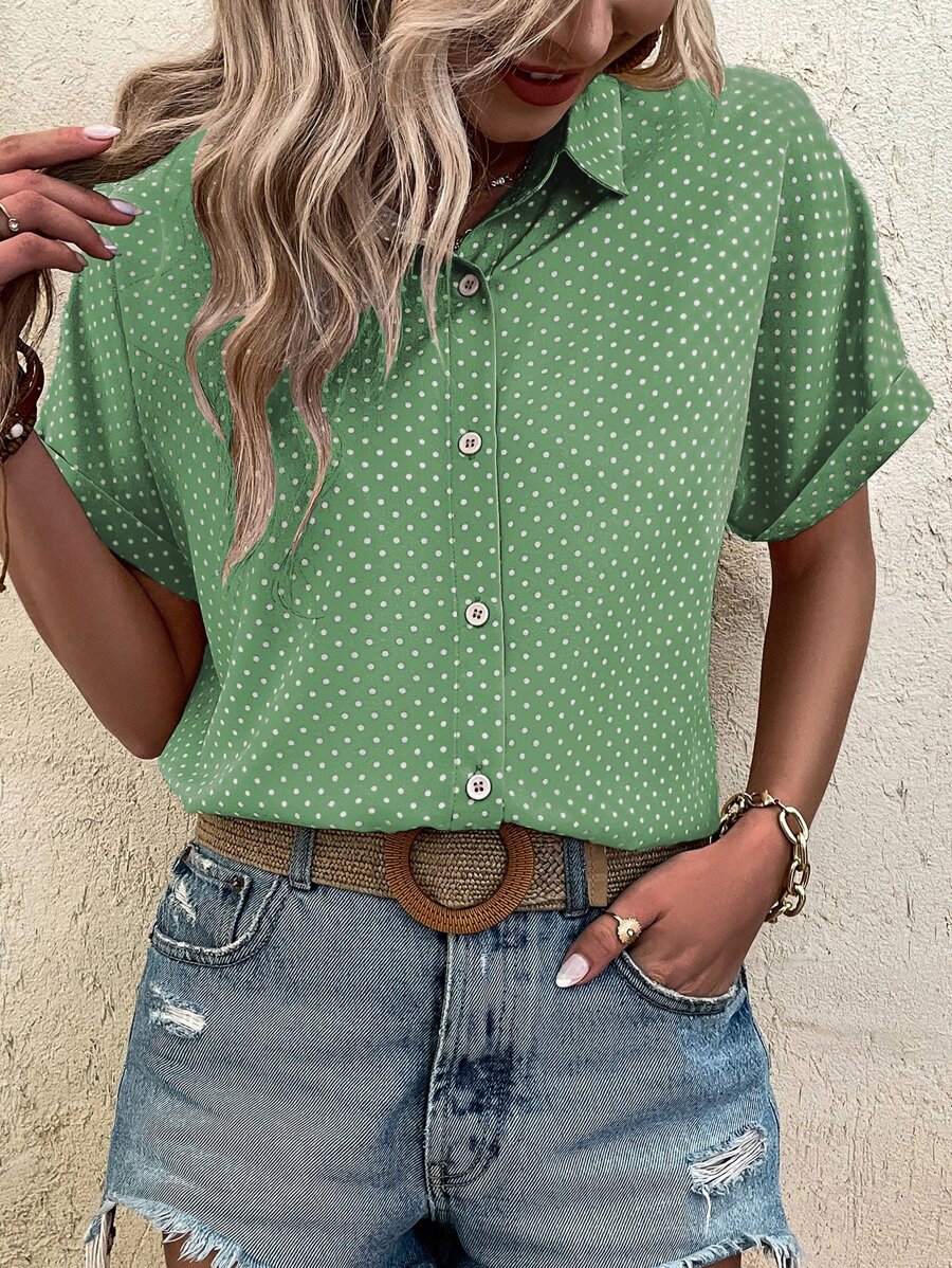 SHEIN LUNE Camisa casual de mujer con botones y manga corta con estampado de puntos - Verde - Ver 1