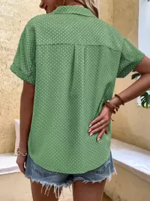 SHEIN LUNE Camisa casual de mujer con botones y manga corta con estampado de puntos - Verde - Ver 2