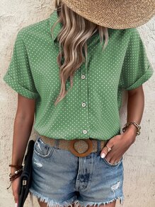 SHEIN LUNE Camisa casual de mujer con botones y manga corta con estampado de puntos - Verde - Ver 4