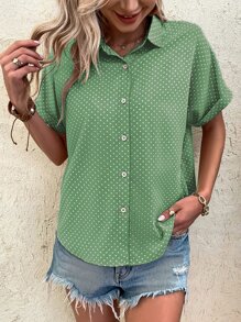 SHEIN LUNE Camisa casual de mujer con botones y manga corta con estampado de puntos - Verde - Ver 6