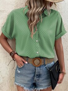 SHEIN LUNE Camisa casual de mujer con botones y manga corta con estampado de puntos - Verde - Ver 3