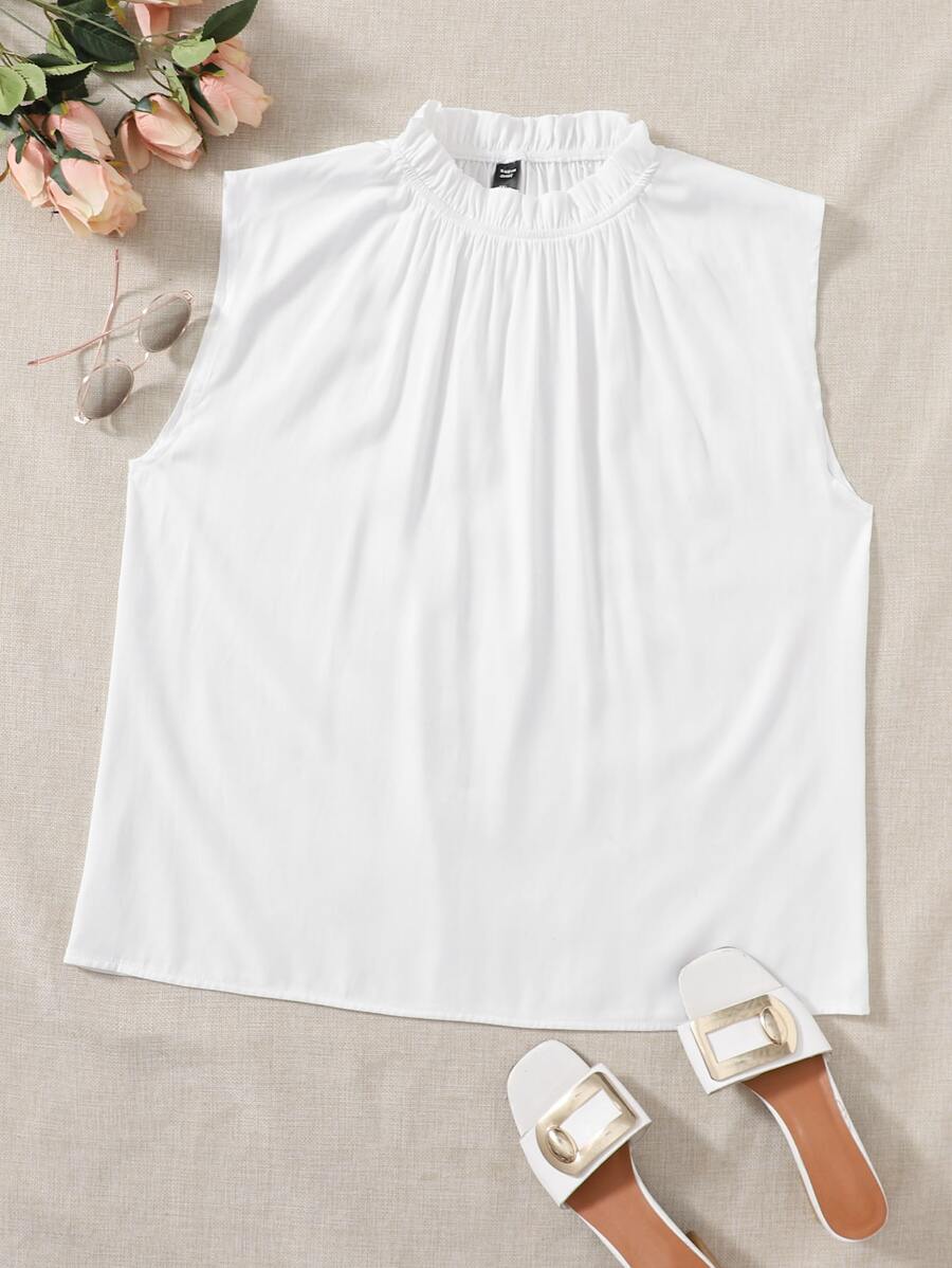 SHEIN LUNE Blusa Sin Mangas Con Cuello Con Volantes Para Tallas Grandes - Blanco - Ver 1