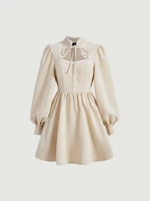 SHEIN MOD Tie Neck Lace Trim Lantern Sleeve Corduroy Dress - Beige - View 2