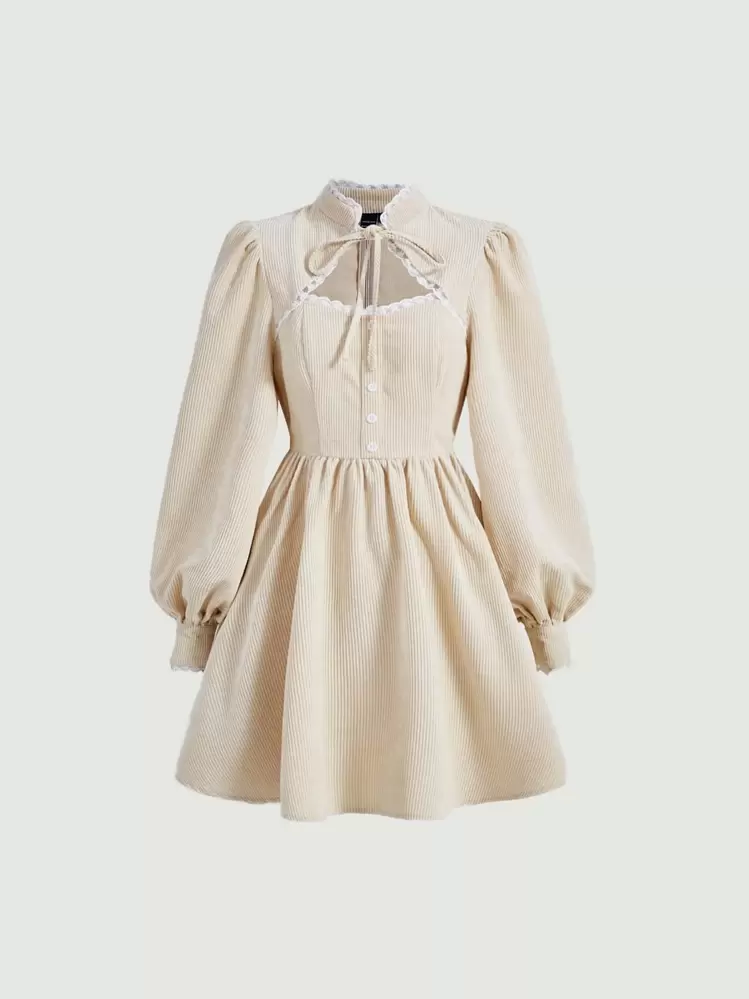tie neck lace trim lantern sleeve corduroy dress SHEIN MOD Tie Neck Lace Trim Lantern Sleeve Corduroy Dress