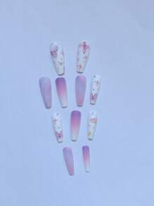 24pcs Long Coffin Butterfly Print Fake Nail & 1sheet Tape & 1pc Nail File - Multicolor - View 3