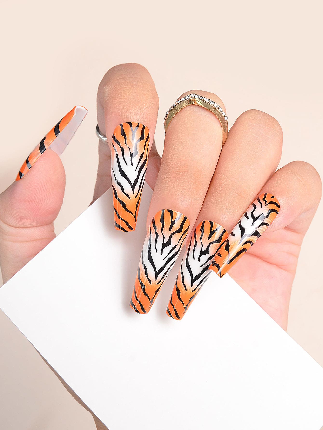 24pcs Long Coffin Tiger Skin Print Fake Nail & 1sheet Tape & 1pc Nail File - Multicolor - View 1