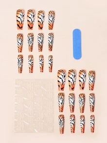 24pcs Long Coffin Tiger Skin Print Fake Nail & 1sheet Tape & 1pc Nail File - Multicolor - View 2