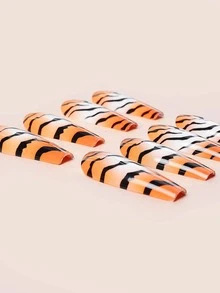 24pcs Long Coffin Tiger Skin Print Fake Nail & 1sheet Tape & 1pc Nail File - Multicolor - View 4