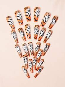 24pcs Long Coffin Tiger Skin Print Fake Nail & 1sheet Tape & 1pc Nail File - Multicolor - View 5