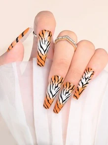 24pcs Long Coffin Tiger Skin Print Fake Nail & 1sheet Tape & 1pc Nail File - Multicolor - View 6