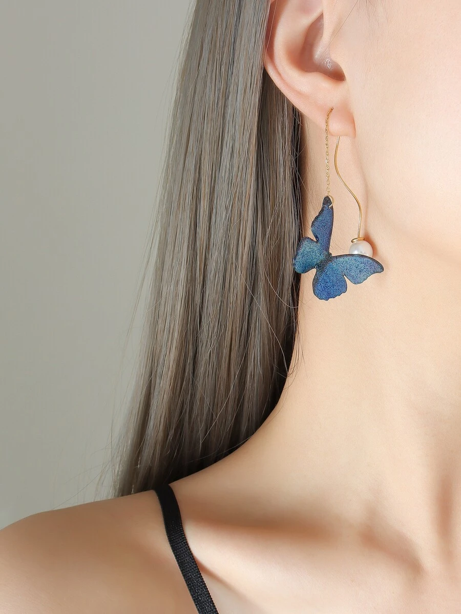 蝴蝶和人造珍珠裝飾耳墜 - 彩色 - 查看 1