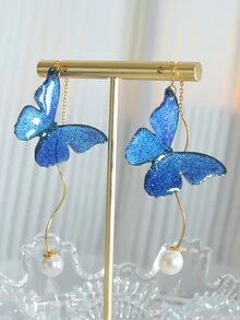 蝴蝶和人造珍珠裝飾耳墜 - 彩色 - 查看 2