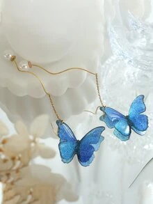 蝴蝶和人造珍珠裝飾耳墜 - 彩色 - 查看 3