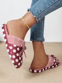 Zapatillas de lunares corbata de lazo fondo suave para casa - Rosa Roja - Ver 2