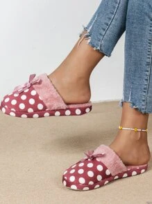 Zapatillas de lunares corbata de lazo fondo suave para casa - Rosa Roja - Ver 4