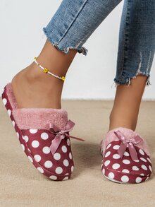 Zapatillas de lunares corbata de lazo fondo suave para casa - Rosa Roja - Ver 5