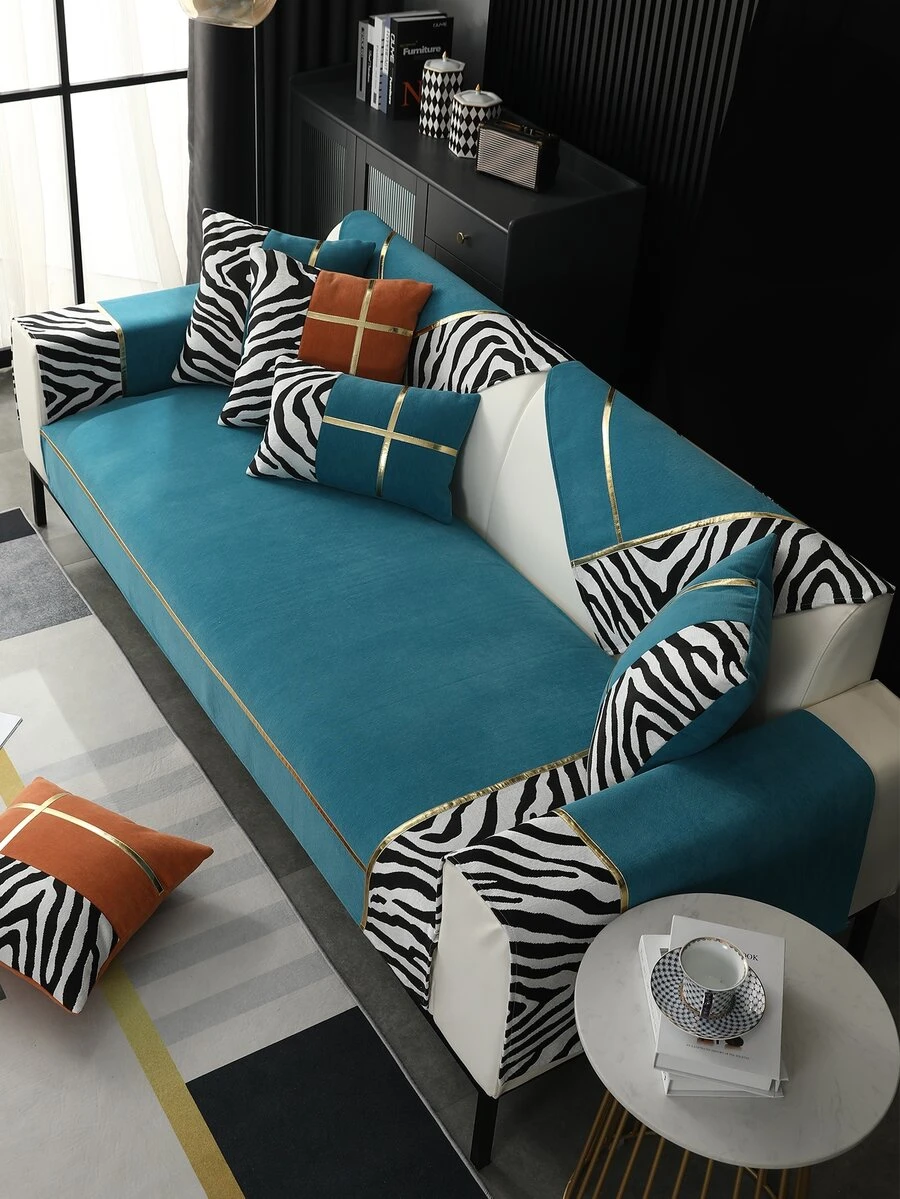 1pc Zebra sọc hoa văn khăn sofa & 1pc đệm ngẫu nhiên không có chất độn - Nhiều màu - Xem 1