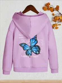 女孩蝴蝶和標語圖案落肩袖連帽衫