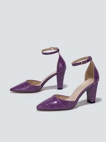 鱷魚壓紋粗跟踝帶高跟鞋 - 紫色 - 查看 4