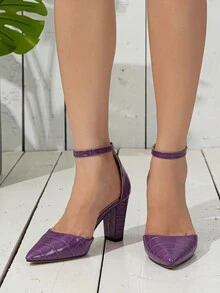 鱷魚壓紋粗跟踝帶高跟鞋 - 紫色 - 查看 5