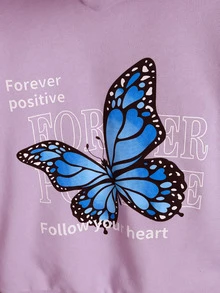 女孩蝴蝶和標語圖案落肩袖連帽衫