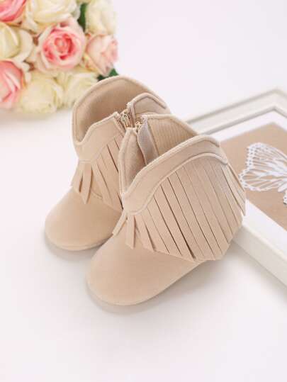 1pair Toddler Girls' Fringe Flat Boots For Home, Warm Walking Shoes For 0-1 Years Old Babies