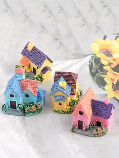 歐式鄉村風格薄板石別墅卡通小房子,多肉植物小樹脂屋子、苔蘚微景觀裝飾（隨機發送1件）,青蛙塑像裝飾